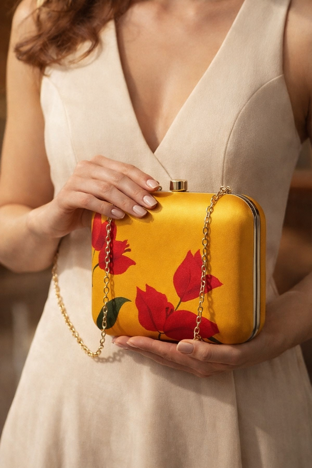 Mustard Yellow Floral Clutch with Gold Chain – Elegant Party & Wedding Handbag for Women
