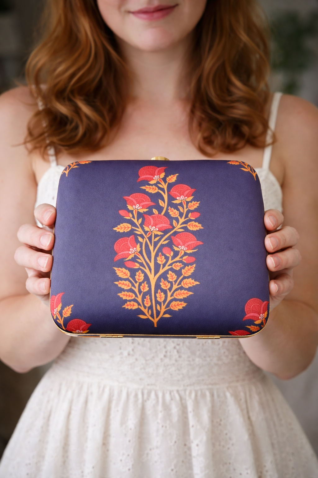 Midnight Bloom Embroidered Clutch – Navy Floral Designer Party Bag