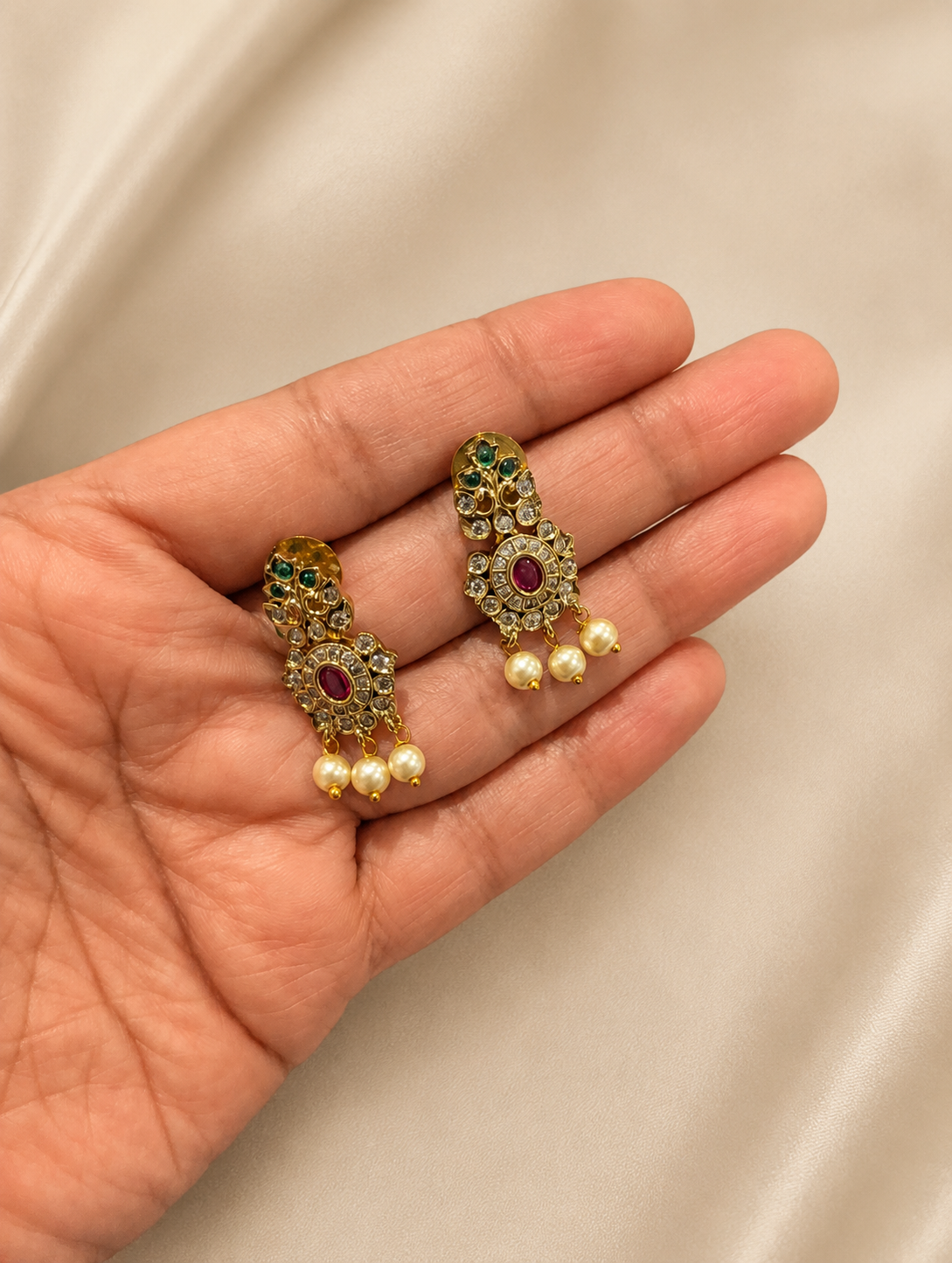 Antique Ruby & Pearls Gold Necklace & Earrings Set