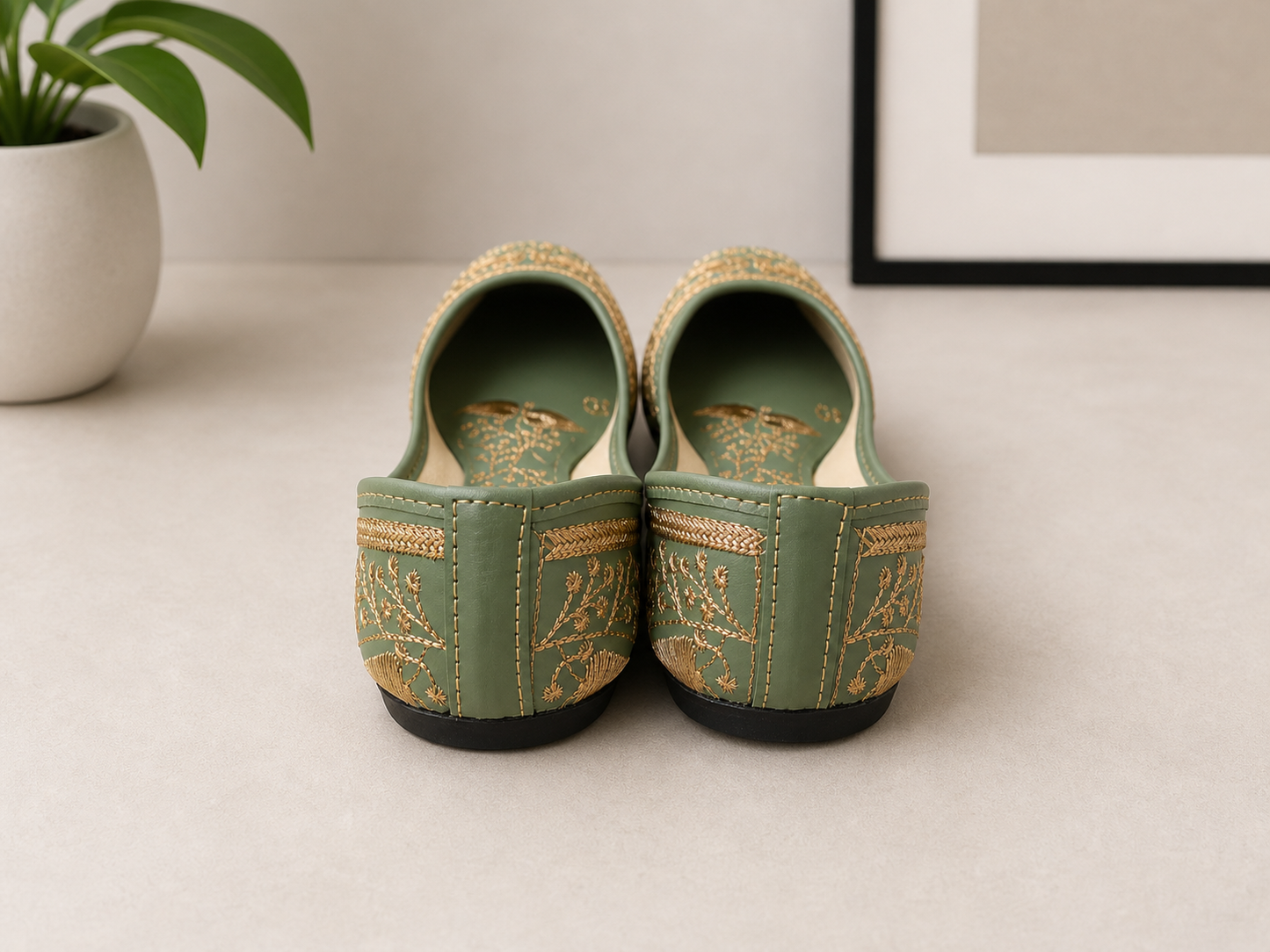 Punjabi Jutti for Women – Green with Gold Thread Work | Traditional Indian Ethnic Flat