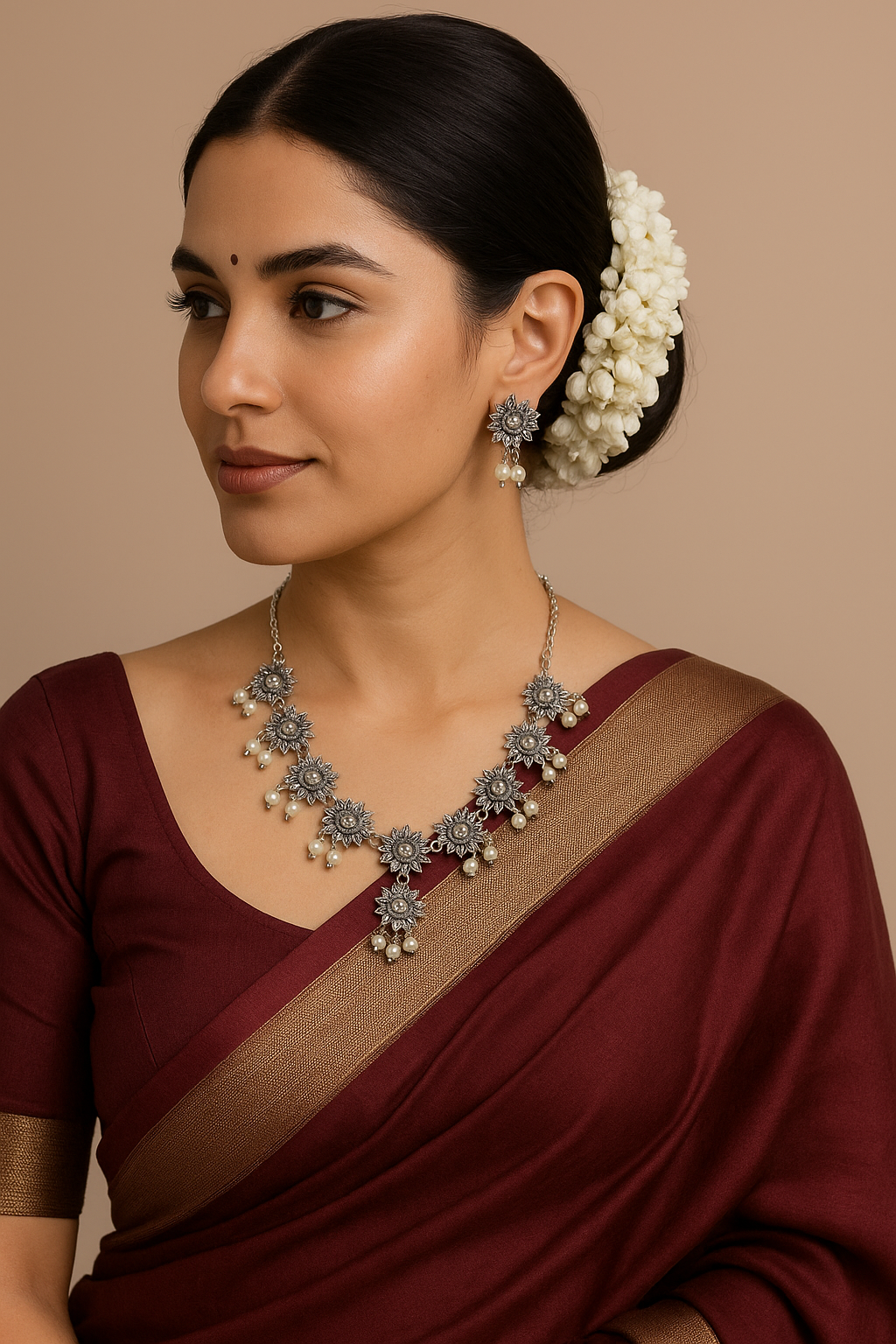 Silver and white pearl flower necklace with earrings