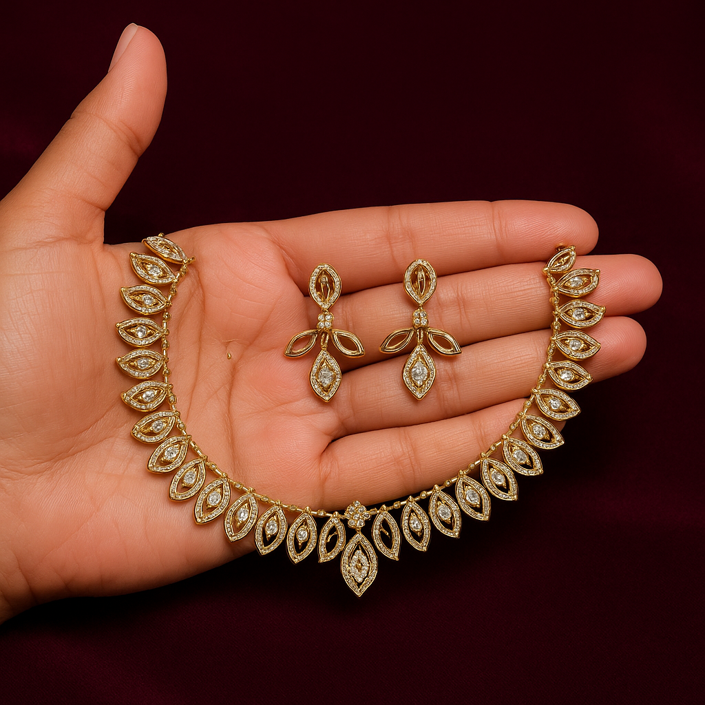 Diamond leaf necklace with earrings