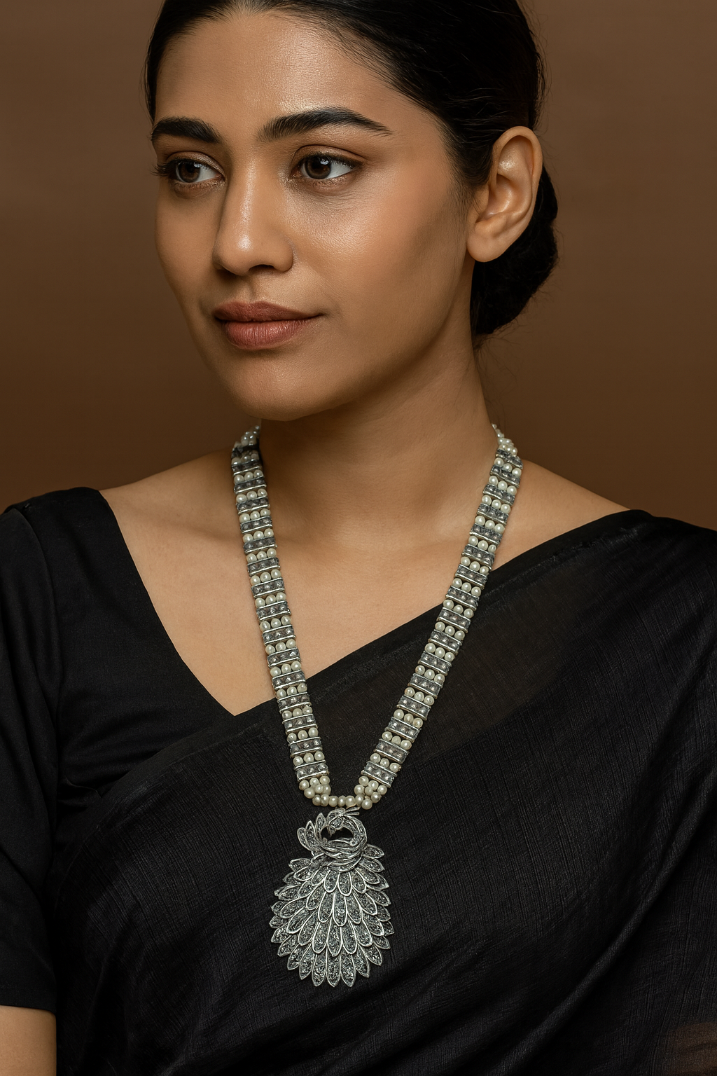 Silver and pearl peacock long necklace