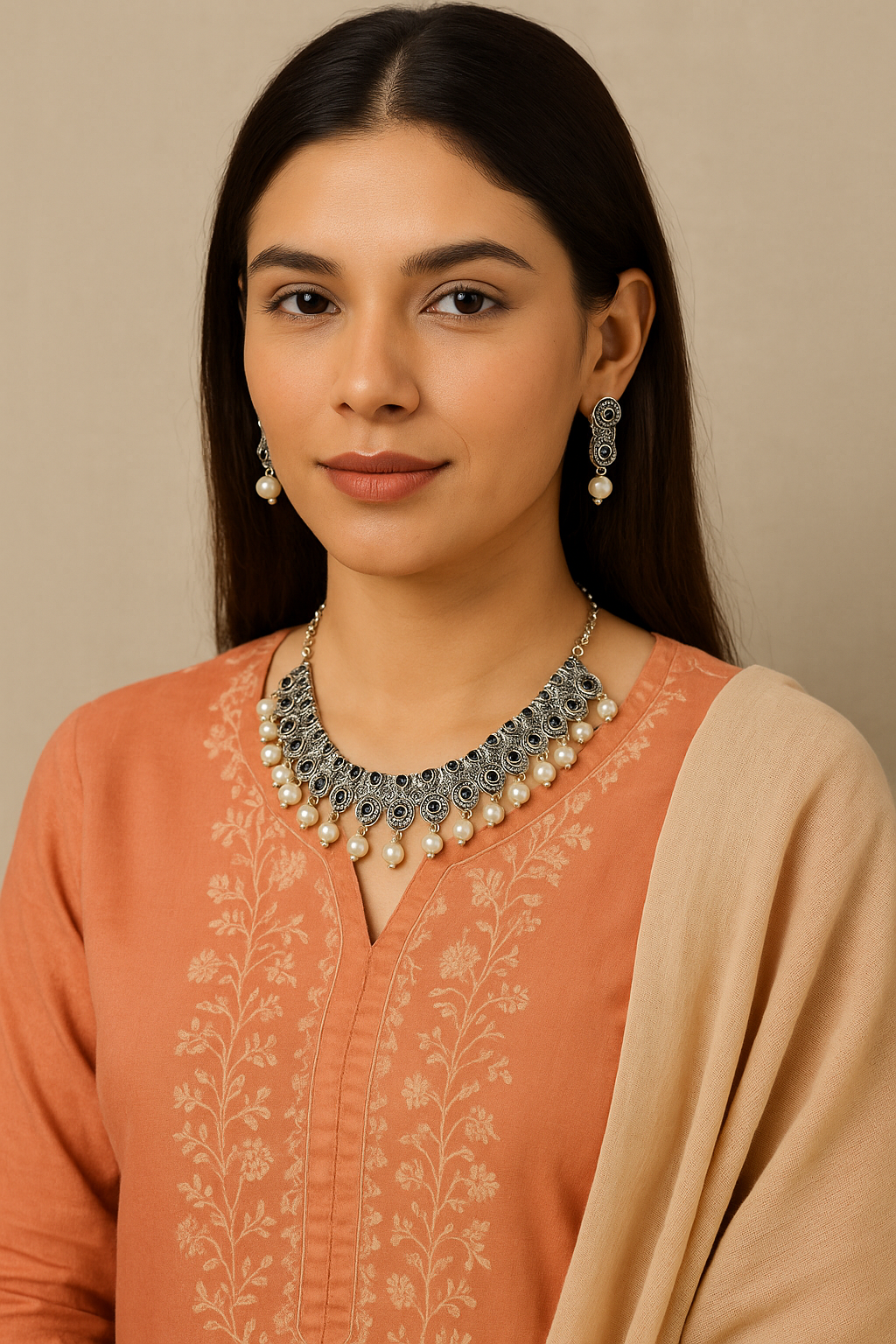 Silver, black stones and pearl necklace with earrings