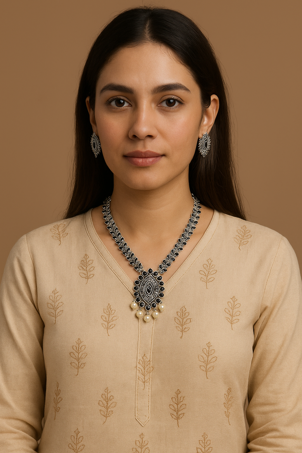 Silver and black stones long necklace with earrings