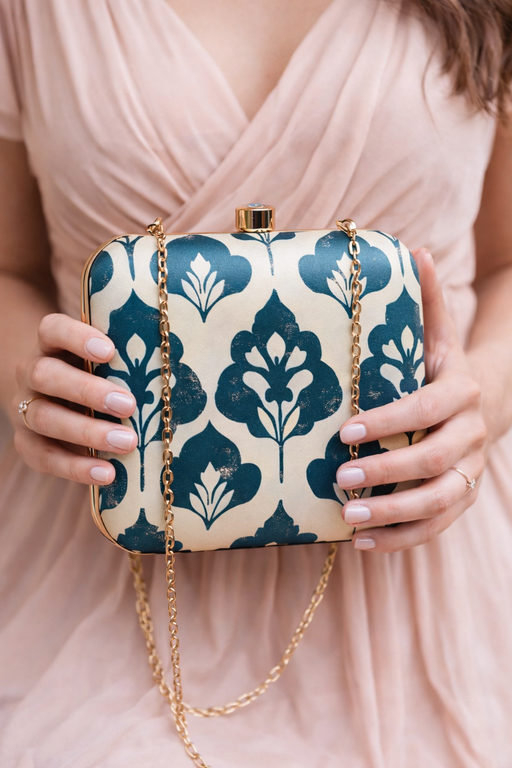Luxury Teal Floral Clutch Bag with Gold Chain – Wedding & Party Wear