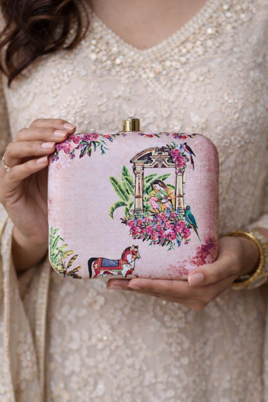 Pink Floral Heritage Clutch – Vintage Indian Art Evening Bag