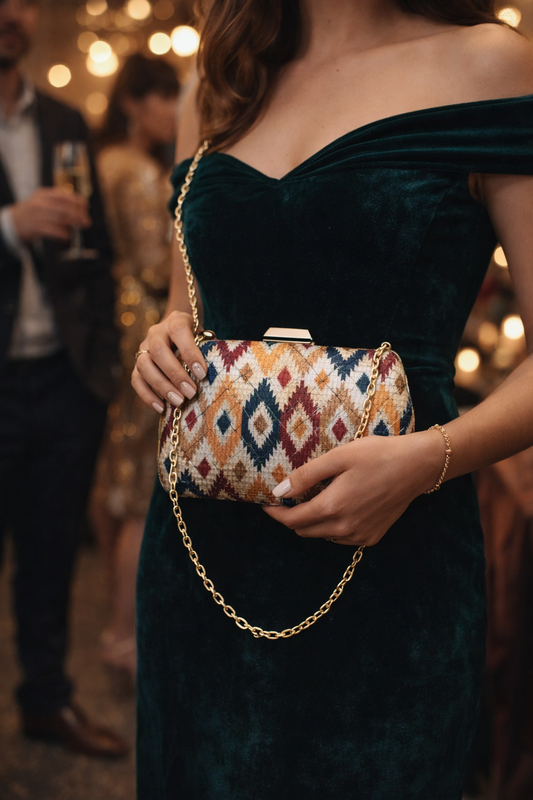 Boho Luxe Geometric Embroidered Clutch Bag with Gold Chain – Party & Wedding Handbag for Women