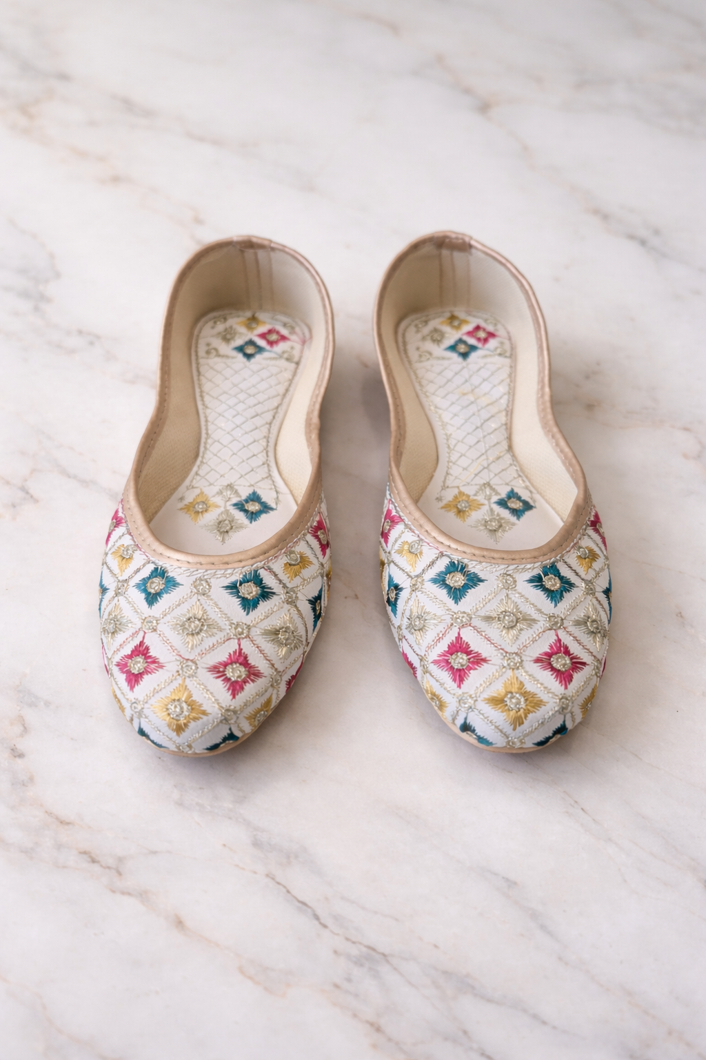Punjabi Jutti for Women – White with Colorful Diamonds | Traditional Indian Ethnic Flat