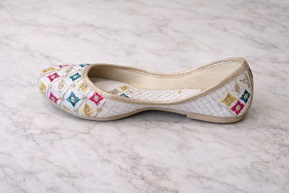 Punjabi Jutti for Women – White with Colorful Diamonds | Traditional Indian Ethnic Flat