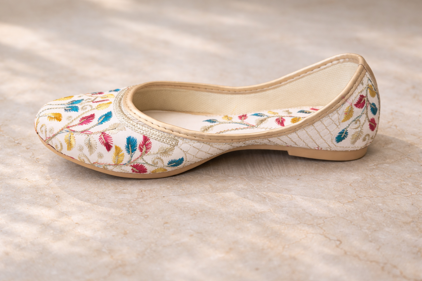 Punjabi Jutti for Women – White with Colorful Leaves | Traditional Indian Ethnic Flat