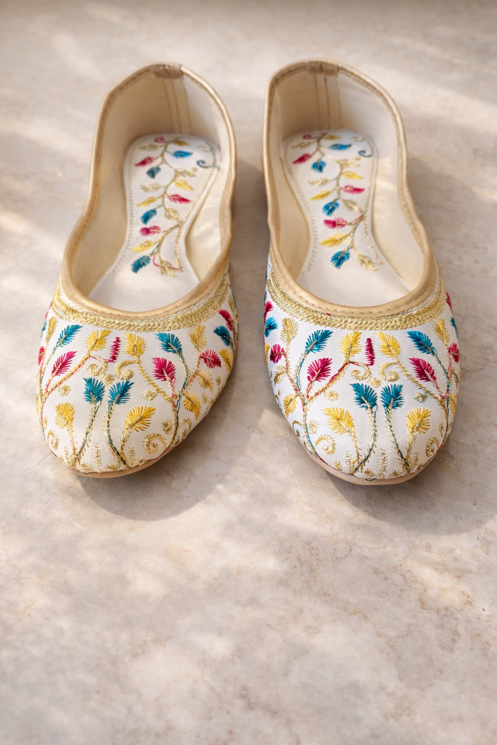 Punjabi Jutti for Women – White with Colorful Leaves | Traditional Indian Ethnic Flat