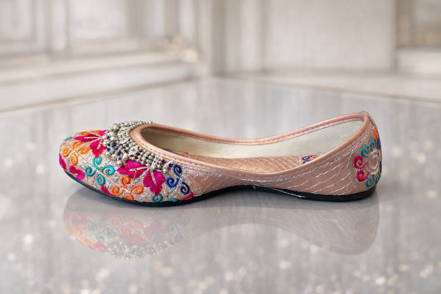 Punjabi Jutti for Women – Peach Floral with Ghungroo | Traditional Indian Ethnic Flat
