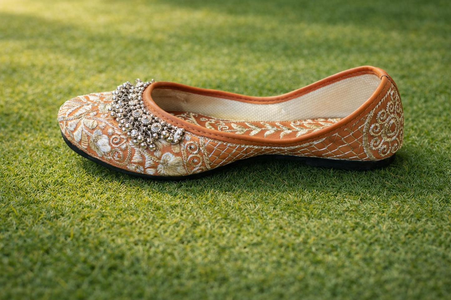 Punjabi Jutti for Women – Coral with Thread Work and Ghungroo | Traditional Indian Ethnic Flat