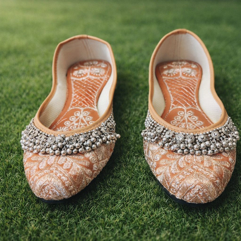Punjabi Jutti for Women – Coral with Thread Work and Ghungroo | Traditional Indian Ethnic Flat
