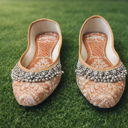 Punjabi Jutti for Women – Coral with Thread Work and Ghungroo | Traditional Indian Ethnic Flat