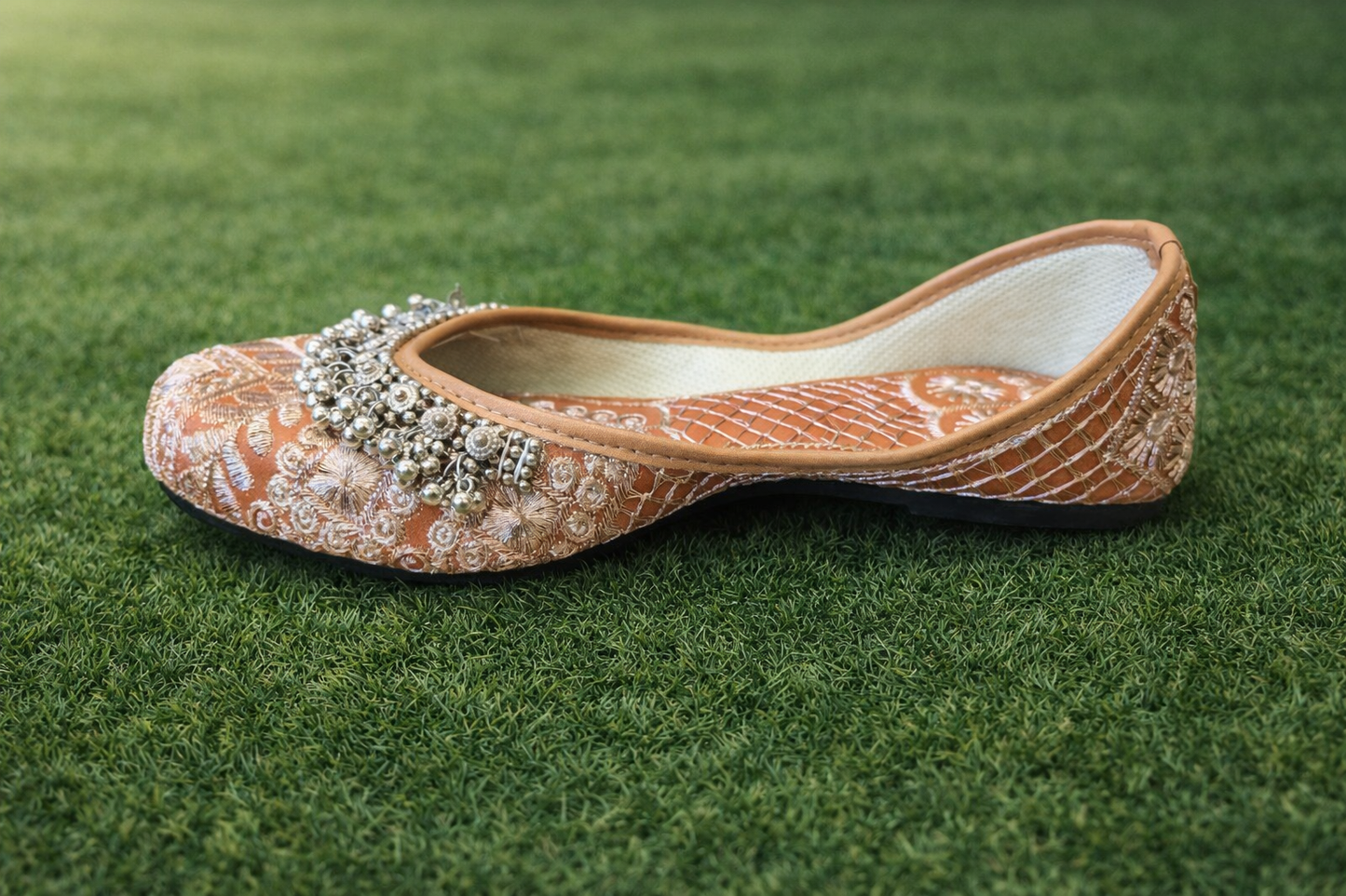 Punjabi Jutti for Women – Coral with Thread Work and Ghungroo | Traditional Indian Ethnic Flat