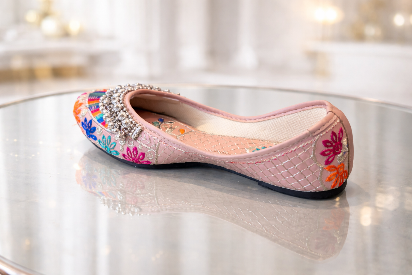 Punjabi Jutti for Women – Peach with Multi-Colored Rays and Ghungroo | Traditional Indian Ethnic Flat