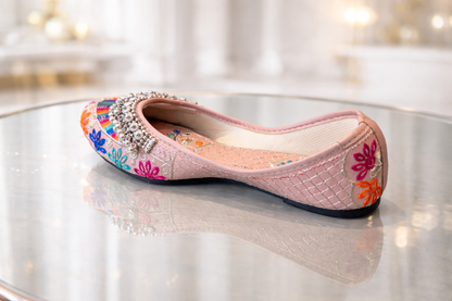 Punjabi Jutti for Women – Peach with Multi-Colored Rays and Ghungroo | Traditional Indian Ethnic Flat