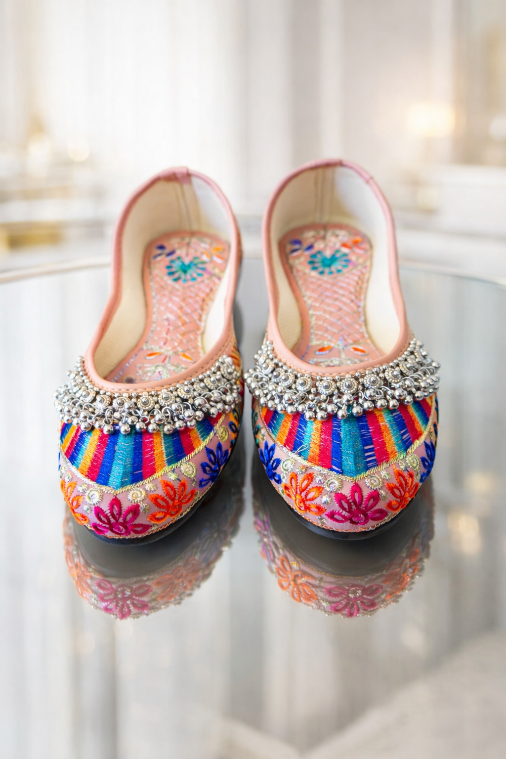 Punjabi Jutti for Women – Peach with Multi-Colored Rays and Ghungroo | Traditional Indian Ethnic Flat