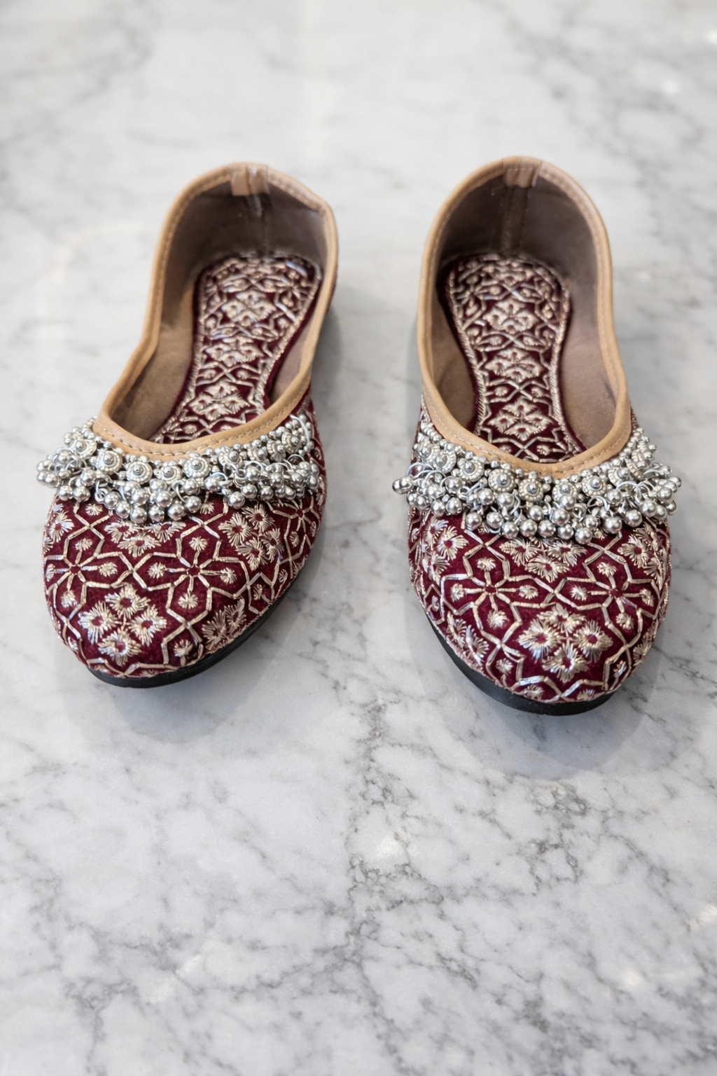 Punjabi Jutti for Women – Maroon with Thread Work and Ghungroo | Traditional Indian Ethnic Flat