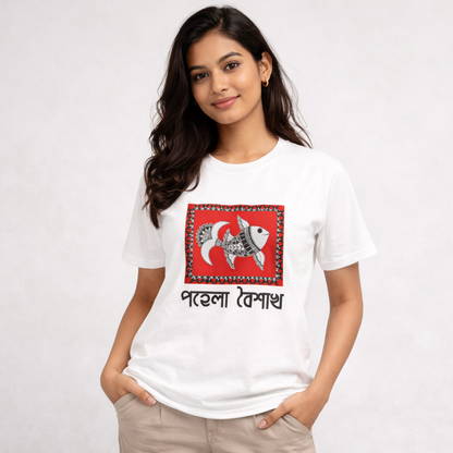 Red Tide Fish | Madhubani Print T-Shirt for Men & Women | Ethnic Indian Art Tee