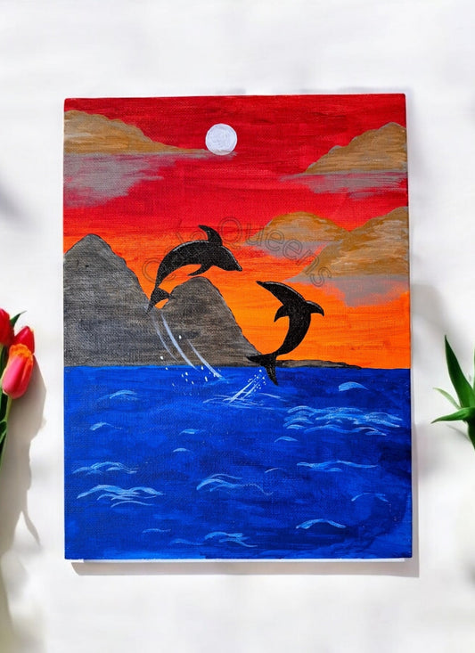 "Sunset Serenity - Dancing Dolphins" Canvas Painting