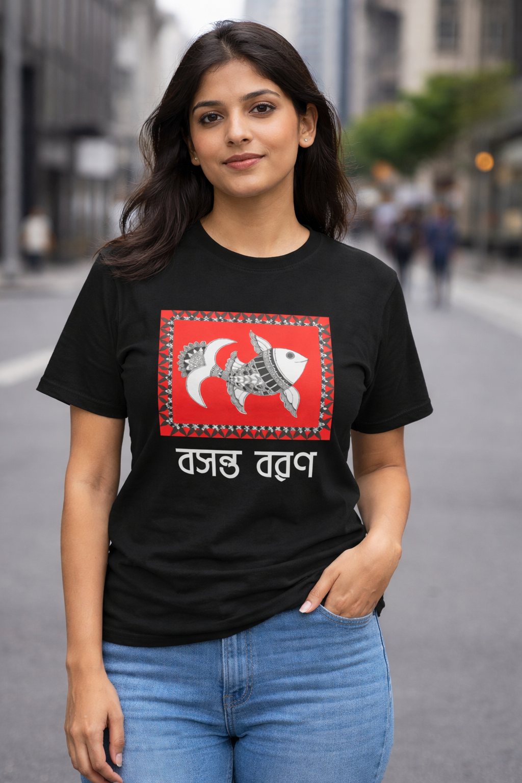 Red Tide Fish | Madhubani Print T-Shirt for Men & Women | Ethnic Indian Art Tee