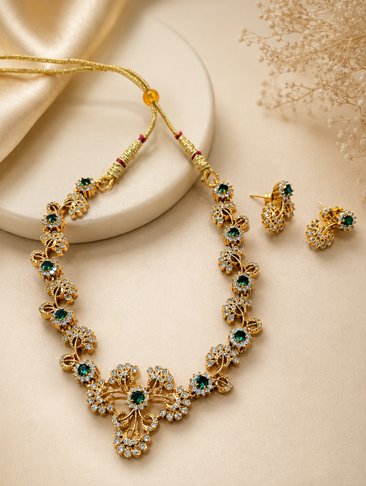 Elegant Petals Diamond with Green Stones Necklace & Earrings Set