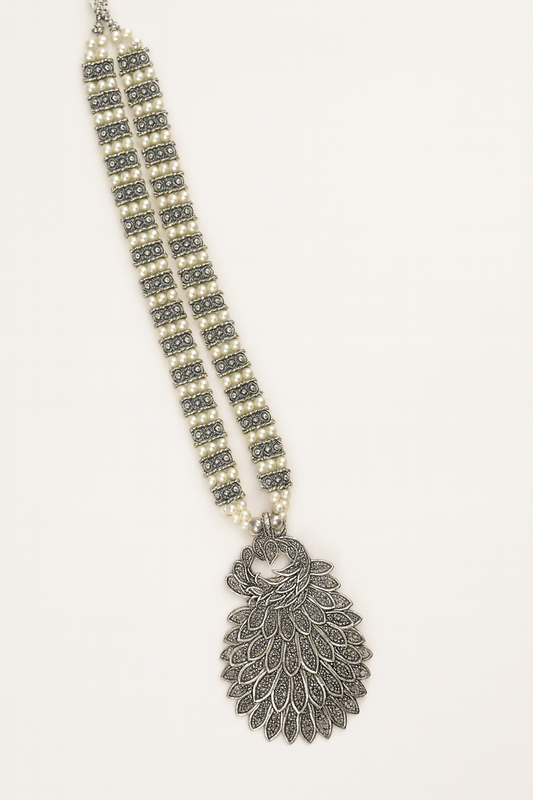 Silver and pearl peacock long necklace