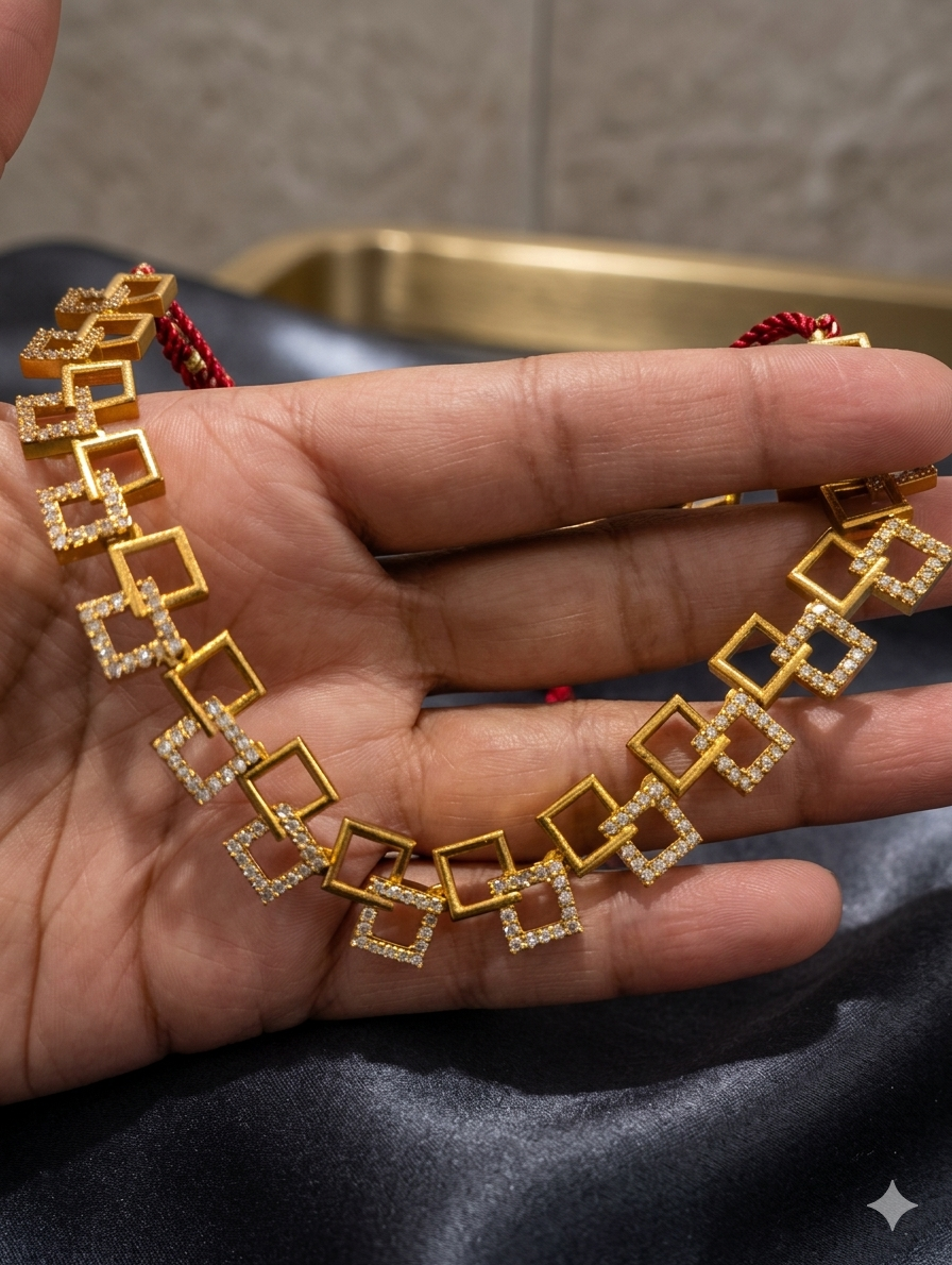 Geometric Square Gold Diamond Necklace & Earrings Set