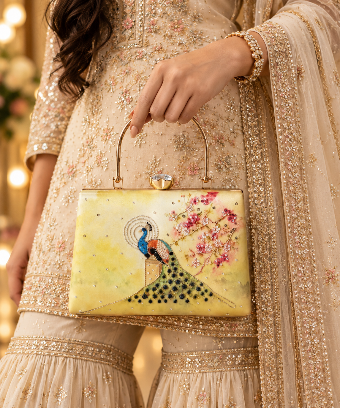 Peacock Grace Handheld Clutch with Gold Handle | Ethnic Wedding & Party Bag