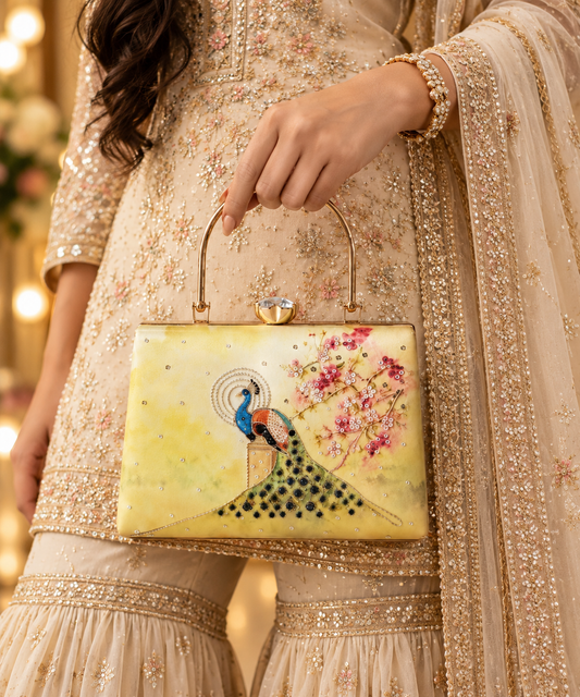Peacock Grace Handheld Clutch with Gold Handle | Ethnic Wedding & Party Bag