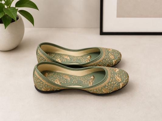 Punjabi Jutti for Women – Green with Gold Thread Work | Traditional Indian Ethnic Flat