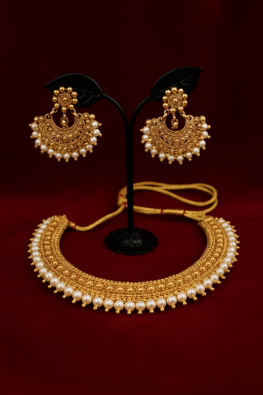 Pearl flower nested necklace with earrings