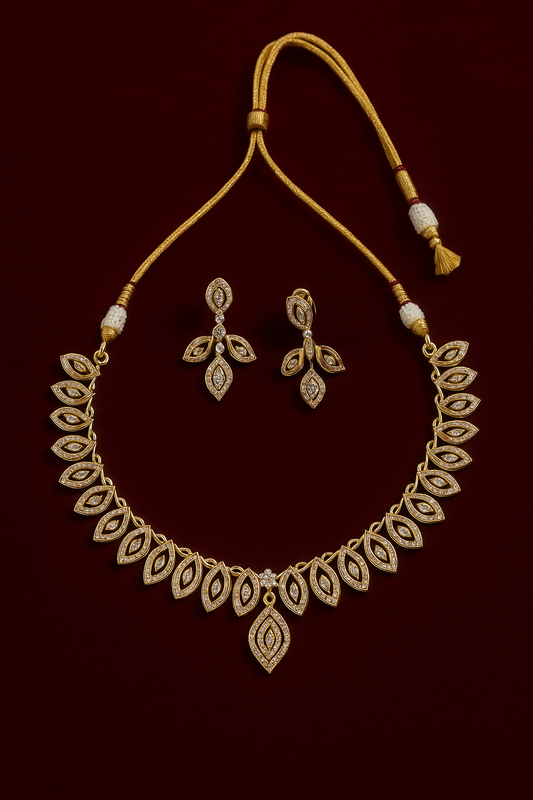 Diamond leaf necklace with earrings