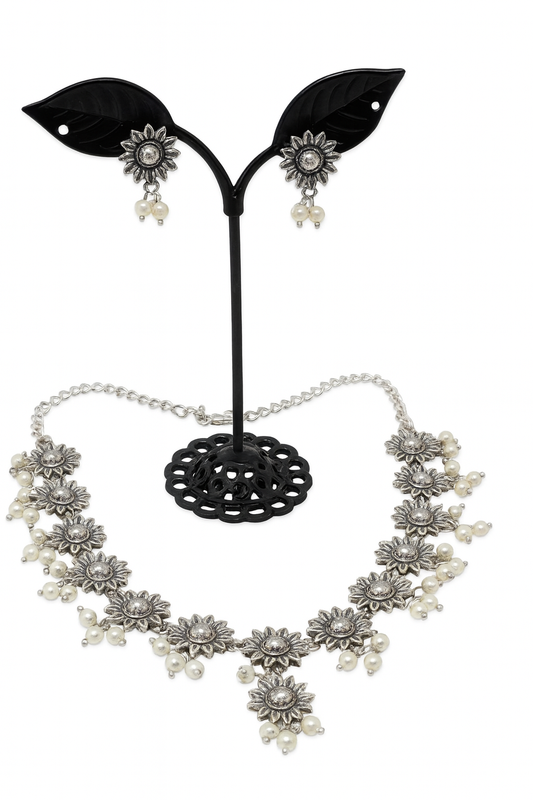 Silver and white pearl flower necklace with earrings