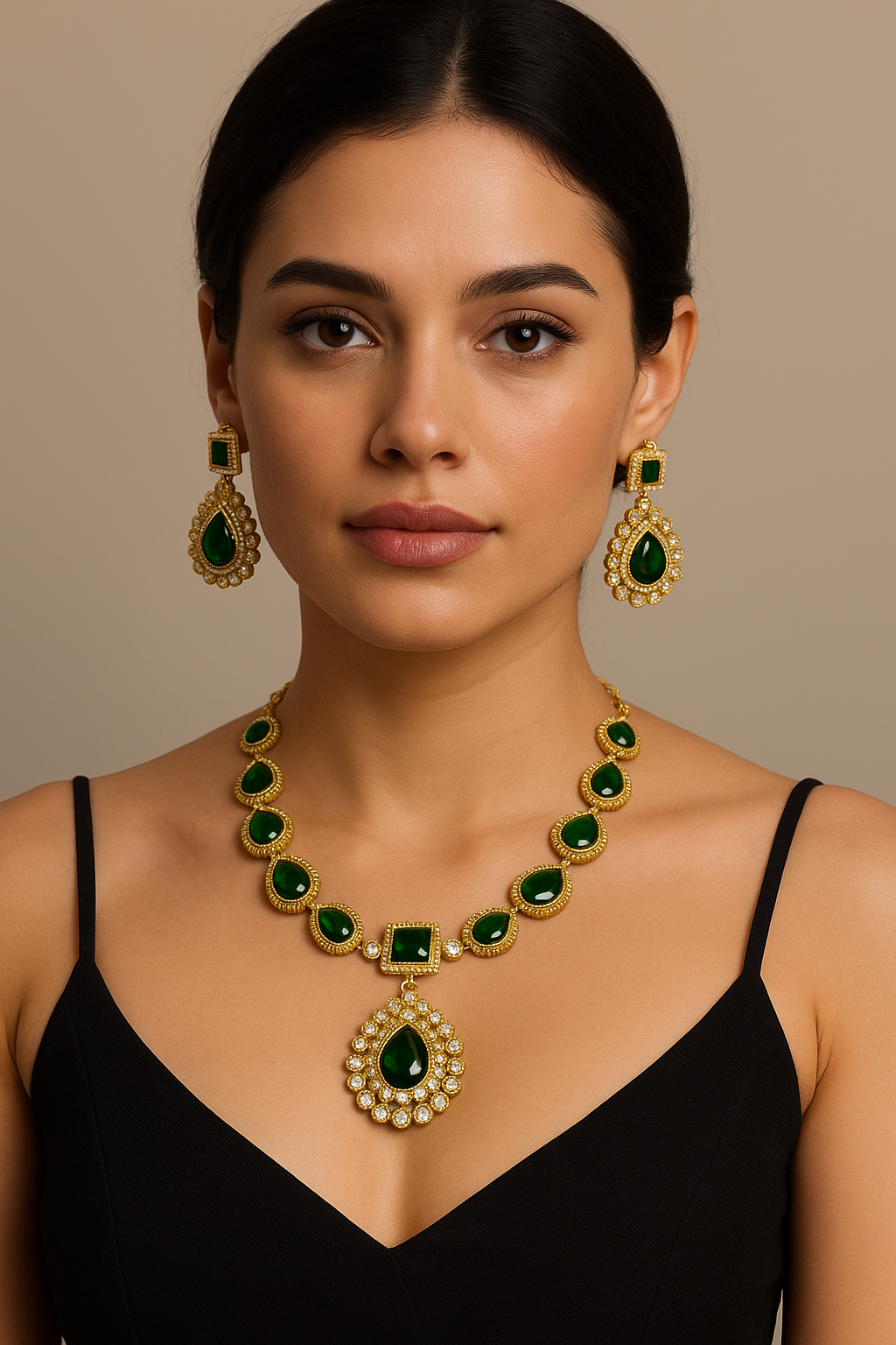 Green pendant necklace with earrings