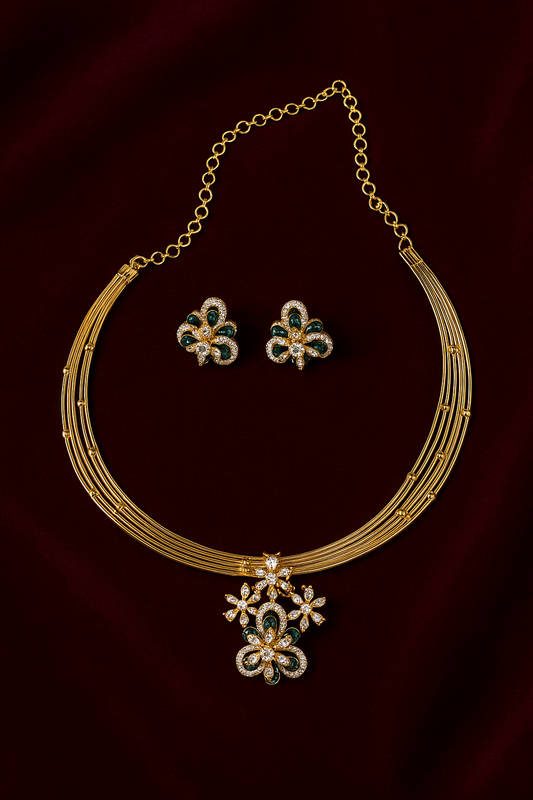 Floral pendant necklace with earrings