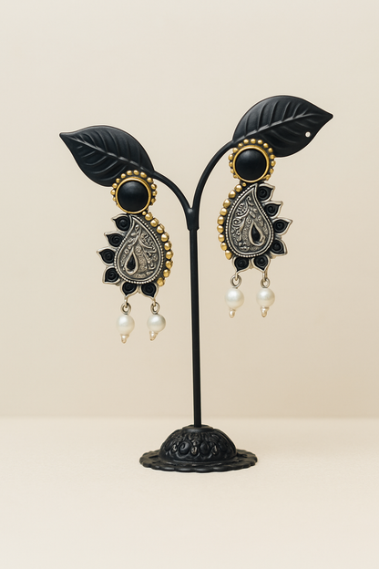 Black Stone Silver Earrings | Traditional & Modern Fusion Earrings (2116)