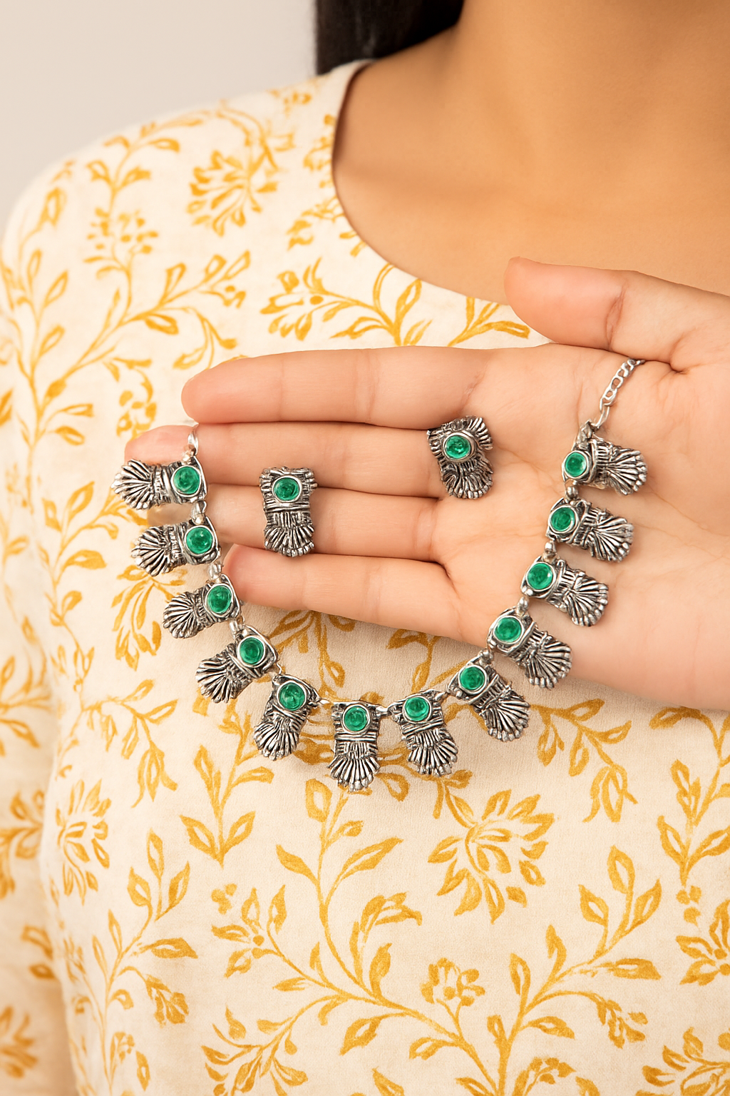 Silver and green stones necklace with earrings