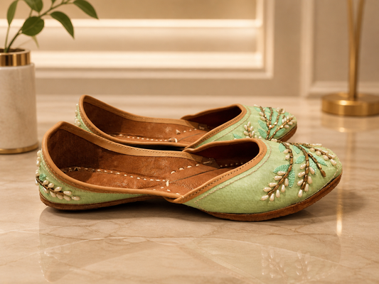 Punjabi Jutti for Women – Light Green with beads | Traditional Indian Ethnic Flat
