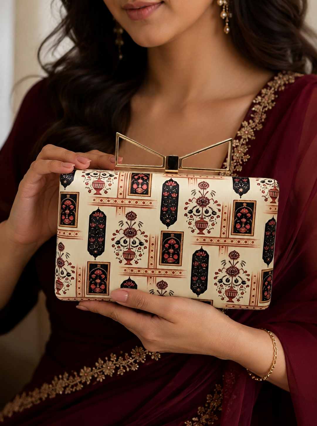 Heritage Bloom Box Clutch Bag with Gold Chain – Party & Wedding Handbag for Women