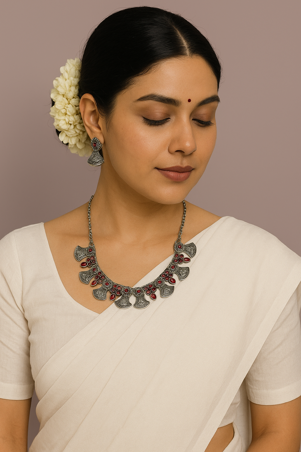Silver and red stones necklace with earrings