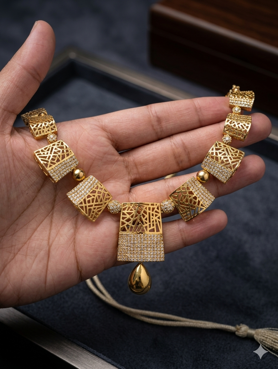 Geometric Filigree Gold Necklace & Earrings Set