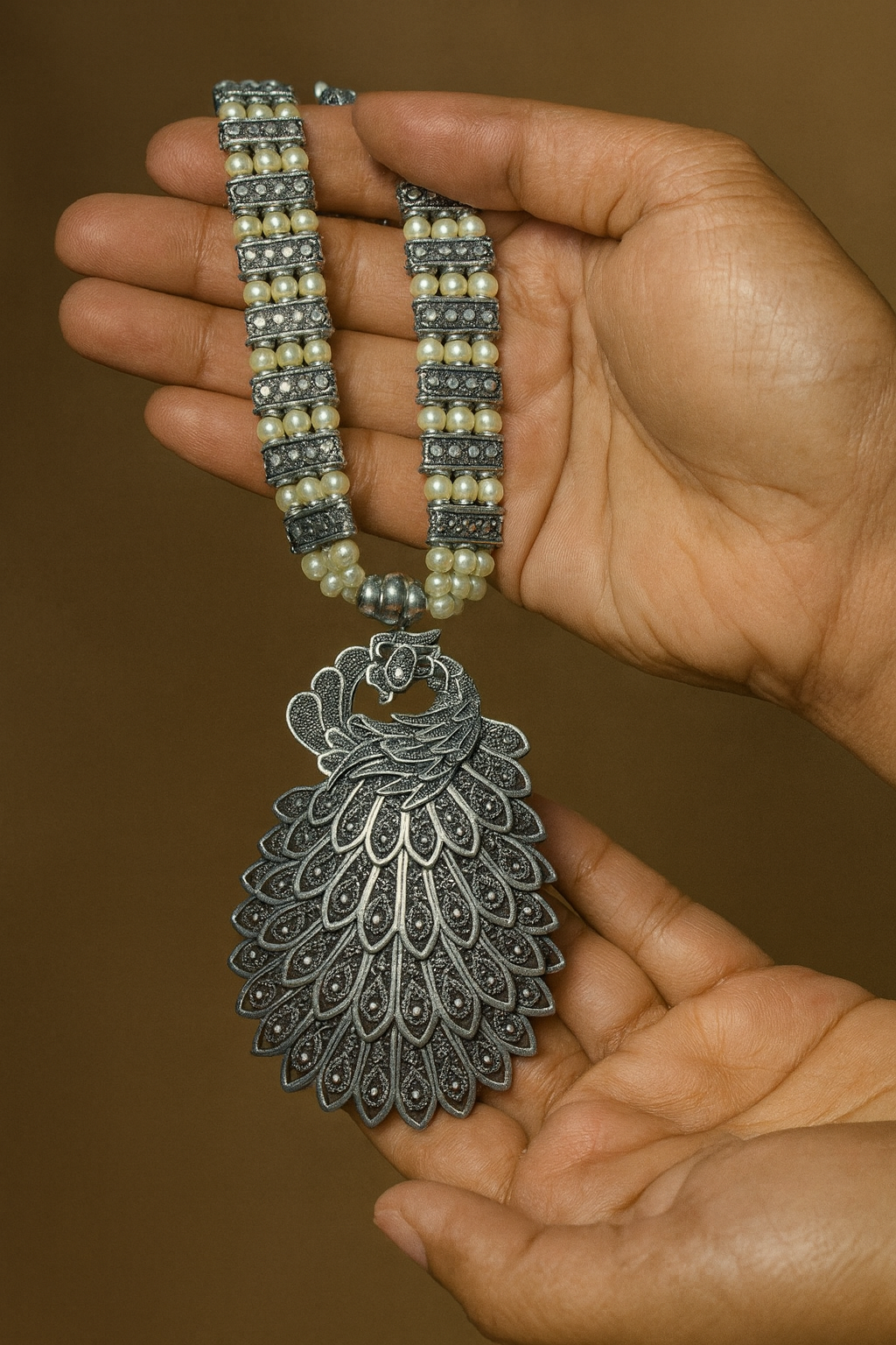 Silver and pearl peacock long necklace