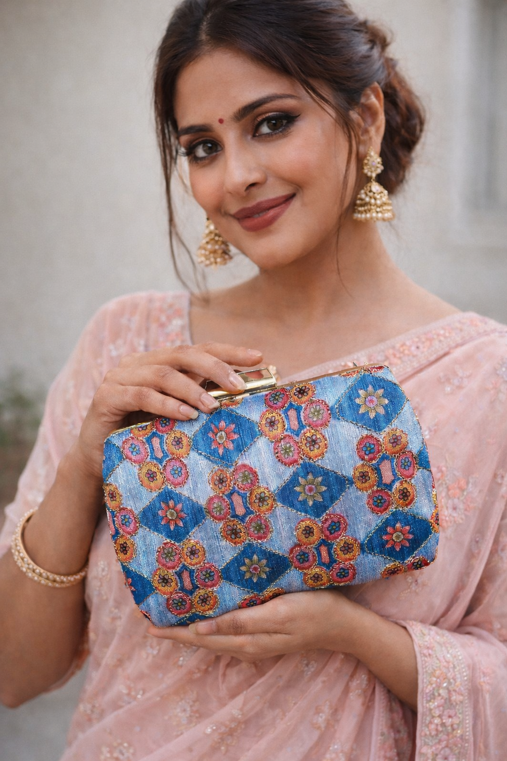 Handcrafted Blue Floral Embroidered Clutch – Ethnic Chic Party Bag for Women