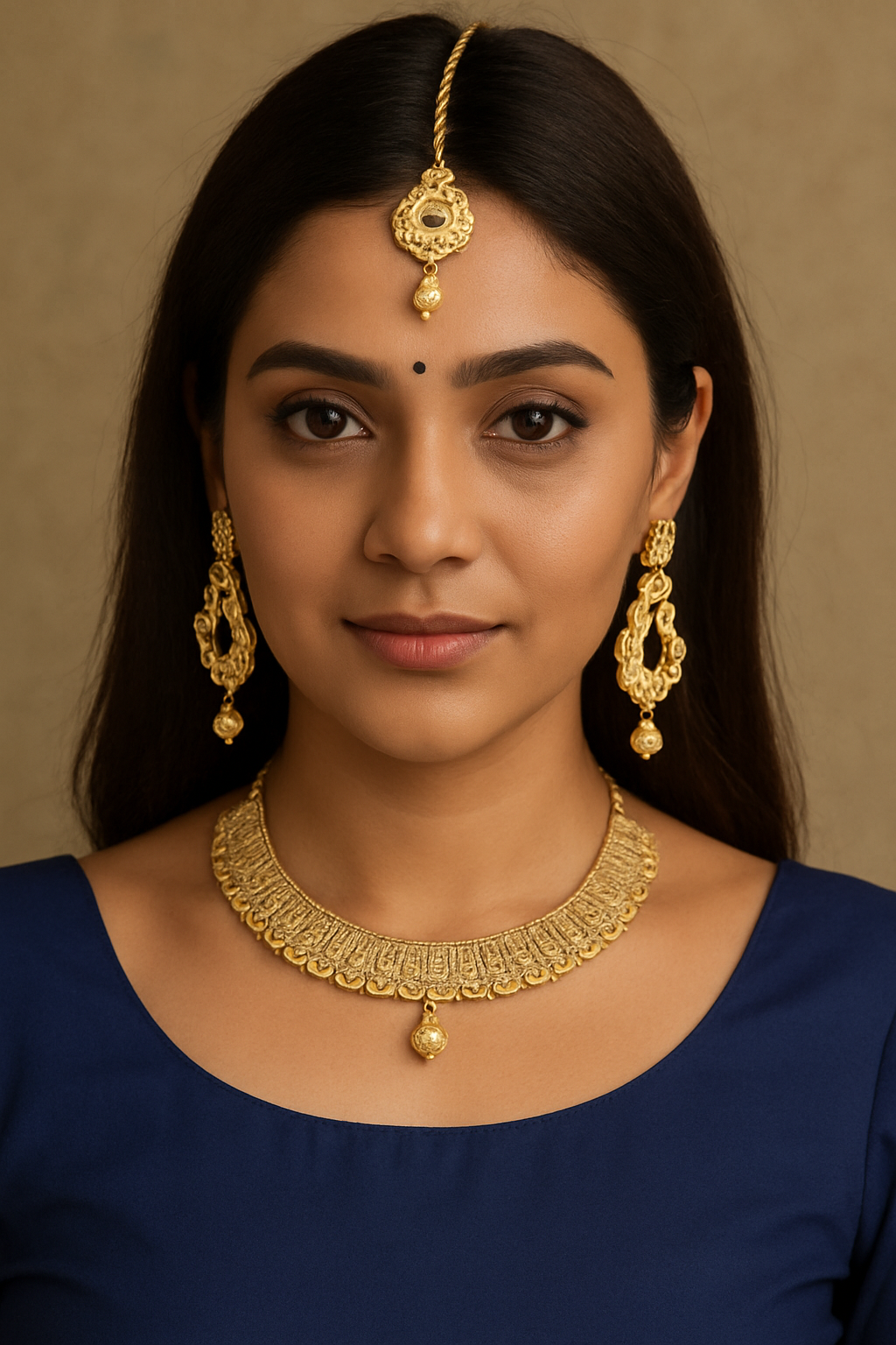 Gold necklace with earrings and matha tikka - 2105