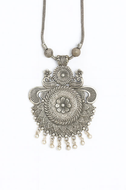 Silver long chain with flower pendant