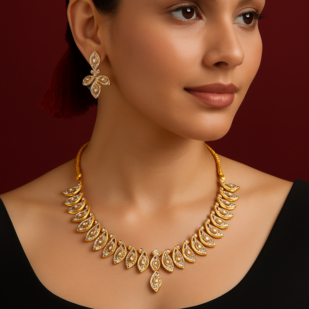 Diamond leaf necklace with earrings